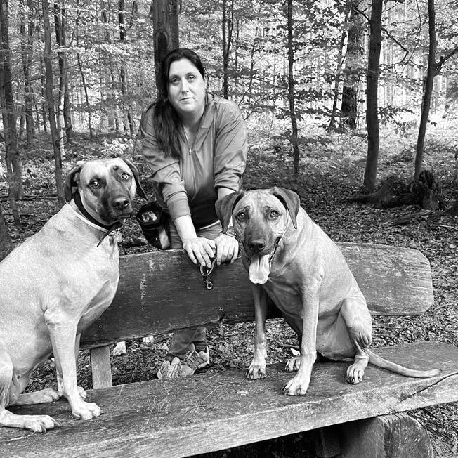 Perfect Match_Hundetraining_Rösrath_Foto von Katrin Howad mit den Ridgebacks Emmy und Barney_die Hunde sitzen auf einer Bank und Katrin steht dahinter_alles schauen in die Kamera